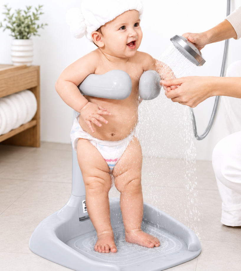 Baby wird im Stehen mit der Handbrause abgeduscht