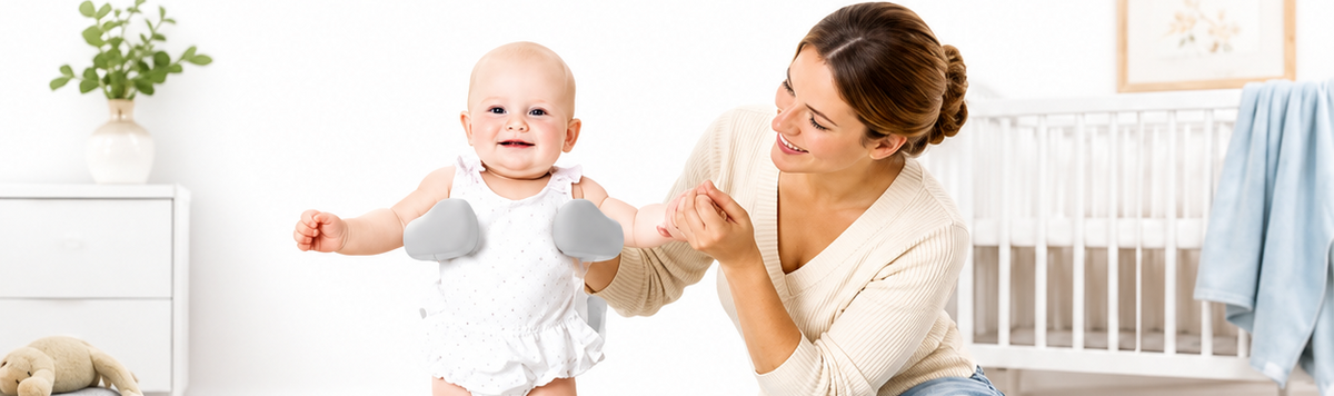 Mutter haelt die Haende ihres Babys, das im Duschstaender steht