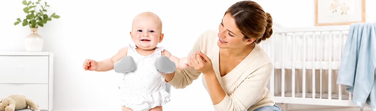 Mutter haelt die Haende ihres Babys, das im Duschstaender steht